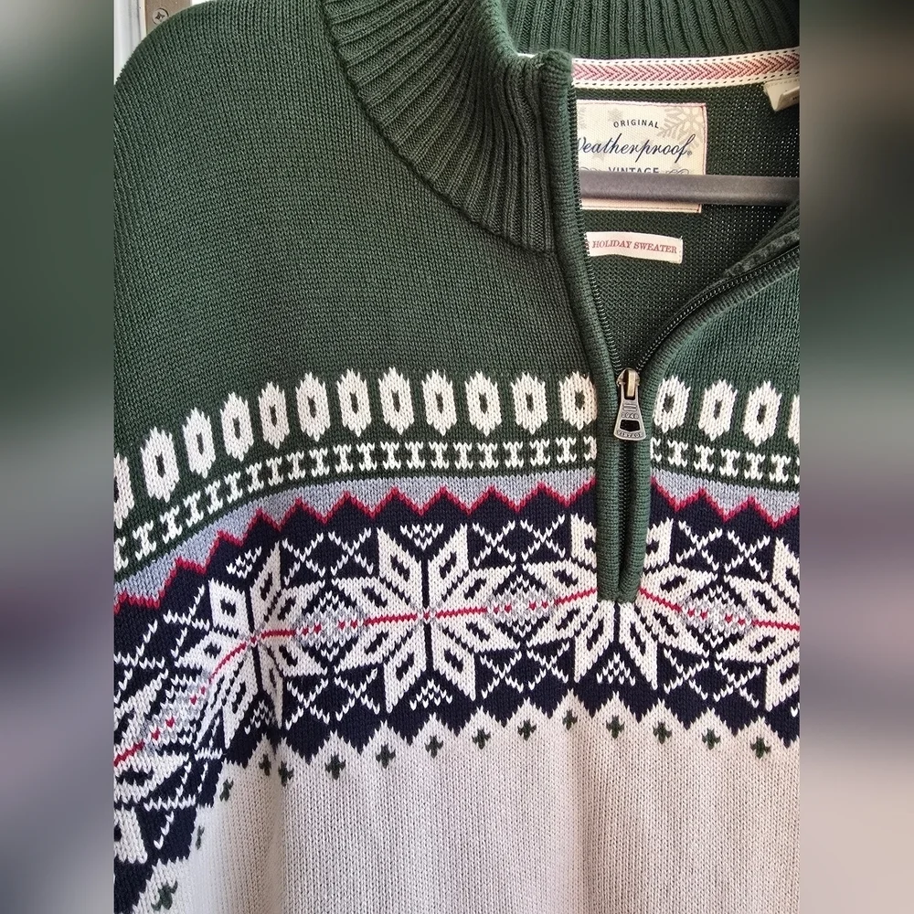 Weatherproof Nordic Green and Cream Zip Up Sweater Vintage
